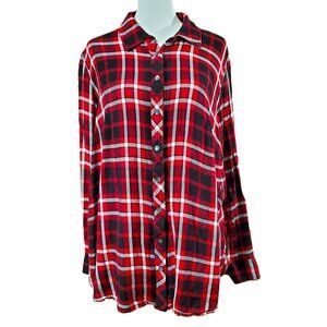 Talbots Woman Red Black Plaid Flannel Button Up Shirt Size 2X Roll Tab Sleeves